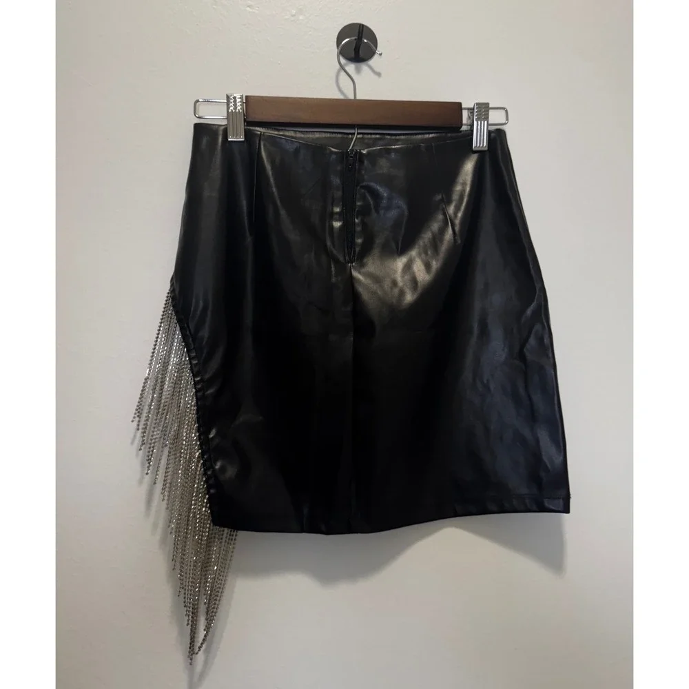 Windsor Black Faux Leather Rhinestone Fringe Mini Skirt Small High Waisted Night